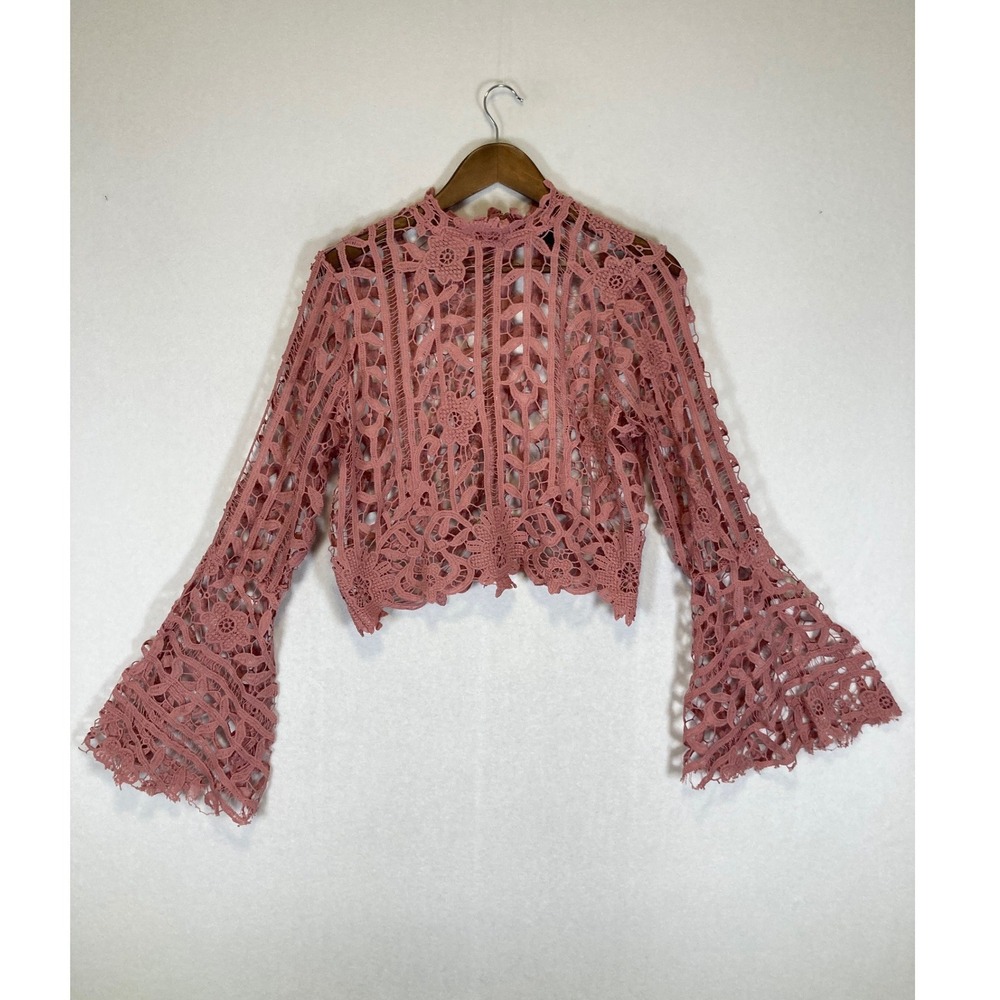 Whimsical Romantic It's Pink Women XL Dusty Rose Crochet Lace Bell Slv‎ Crop Top